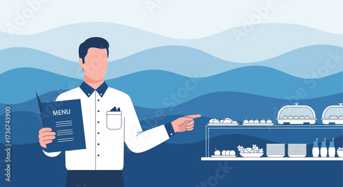 Restaurant waiter introducing the menu, pointing to the food platters and meals, flat design