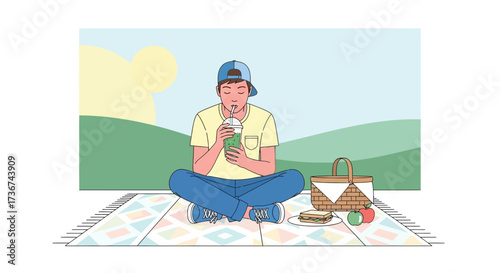 Restful Afternoon: Enjoying Refreshing Beverage And Picnic Essentials In Serene Setting At Local