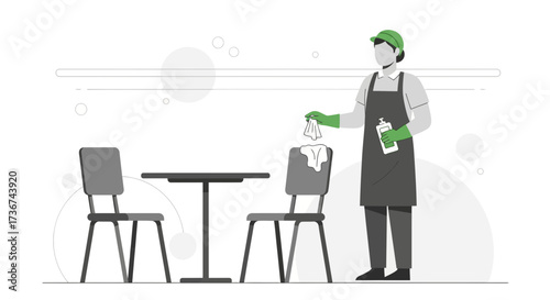 Restaurant Worker Sanitizing Table And Chairs, Promoting Clean Surroundings And Safety
