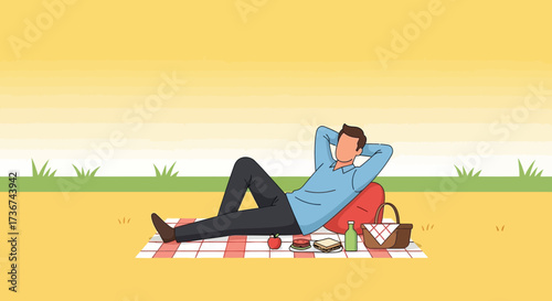 Restful Person Reclining on Picnic Blanket Enjoying a Sunny Field Outdoors Relaxation Scene