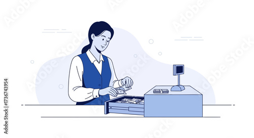 Retail Worker Calculating Cash Transactions At Commerce Store With Graphical Minimal Design