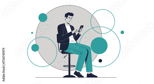 Man sitting on a chair using a smartphone to communicate and surfing the internet online