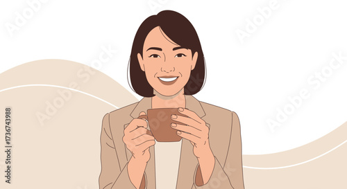 Smiling woman holding a coffee cup during a break in the workplace or at home setting