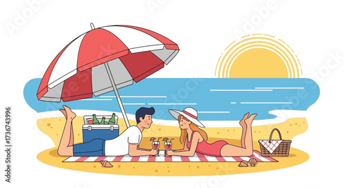 Romantic Beach Day: Couple Relaxes and Enjoys Drinks Under a Beach Umbrella