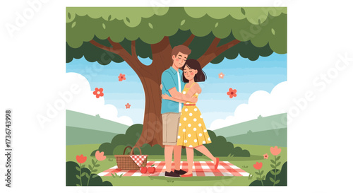Romantic Couple Embracing Under a Tree During a Sunny Day in Peaceful Nature