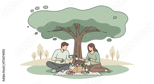 Romantic Couple Having A Delightful Picnic Beneath A Shady Tree In The Park
