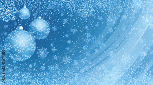A festive winter scene featuring blue and white Christmas ornaments with intricate snowflake designs, suspended against a soft blue background with sparkling stars and snowflakes