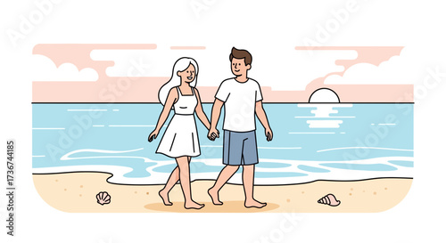 Romantic couple walking on the beach at sunset, holding hands, enjoying vacation time