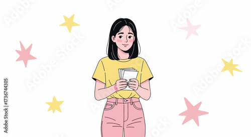 Smiling Woman Holding Papers Surrounded By Stars On A White Background Design
