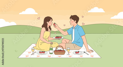 Romantic Picnic Date: Couple Sharing Strawberries In A Park On A Sunny Afternoon