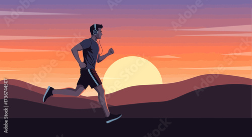 Runner Enjoying Sunset While Listening to Music During Outdoor Exercise