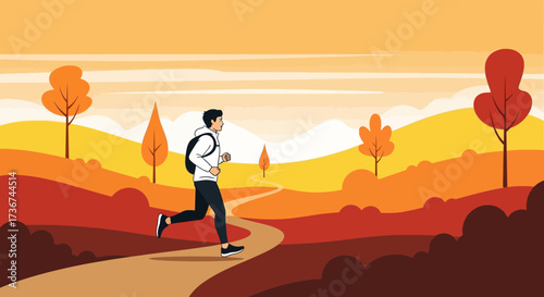 Running man in a beautiful autumn landscape with trees and mountains
