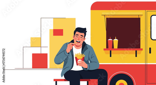 Satisfied Customer Enjoying Fries Next To A Vibrant Food Truck Illustration Design