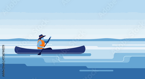 Scenic illustration of a person kayaking on calm water enjoying a sunny day
