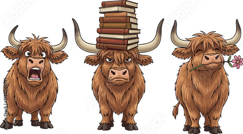 Cute cartoon highland cows, funny hairy bulls with stacked books and flower, farm animal character illustration, adorable Scottish cattle vector design