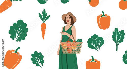Smiling Woman with Vegetables in a Basket Surrounded by Fresh Produce on White Background
