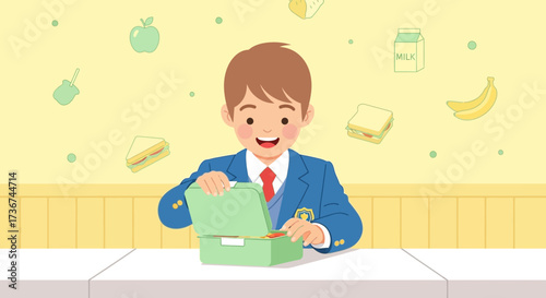 Schoolboy's Lunchtime Anticipation: A Cheerful Illustration of Prepared Mealtime