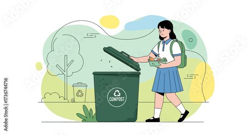 Schoolgirl Composts Food Waste Outdoors: Sustainable Habits For A Healthier Planet