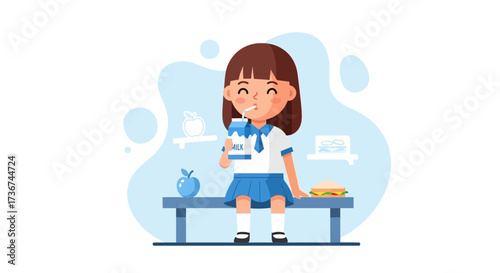 Schoolgirl Enjoying Milk And Lunch, Smiling With Sandwich And Apple, Food And Happiness