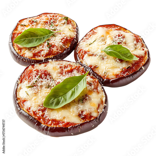 Three mini eggplant pizzas topped with melted cheese and fresh basil isolated on transparent background