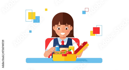 Schoolgirl Opening Lunchbox, Ready For Enjoying Her Delicious And Nutritious Meal At Lunchtime