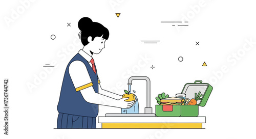 Schoolgirl Preparing a Healthy Lunch with Fresh Produce and a Balanced Meal
