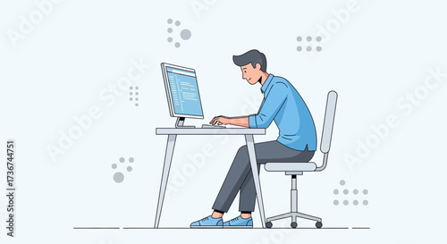 Man coding on computer, vector illustration, software development, programming, freelancer