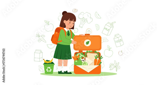 Schoolgirl with a lunchbox with healthy meal, vector illustration flat design