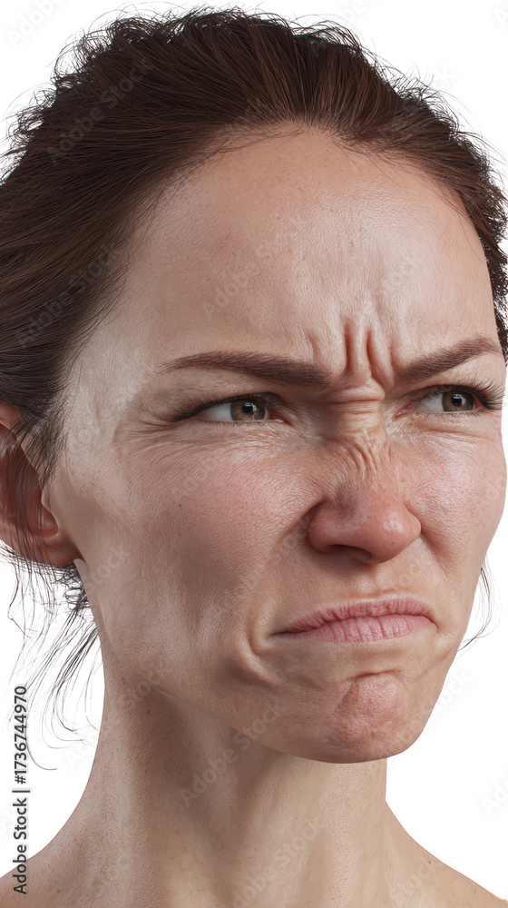 Fototapeta premium Caucasian woman with a powerful expression of disgust and anger isolated on transparent background.