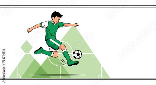 Soccer player kicking the ball on the field in a stylish and modern illustration