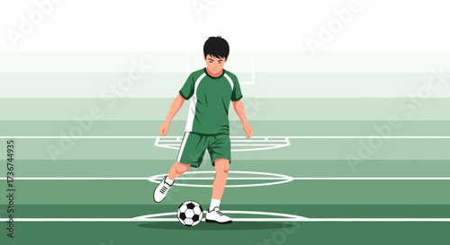 Soccer Player Kicking The Ball on a Green Field with Soccer Goal Background