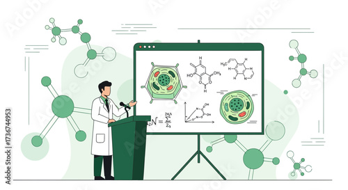 Scientist Gives Presentation About Molecule And Scientific Discoveries On White Display