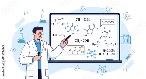 Scientist Explains Chemical Formulae On A Whiteboard Displaying Molecules And Elements