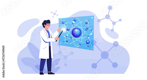 Scientist Illustrating Atomic Structure With A Wand Representing Scientific Discovery