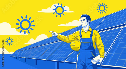 Solar panel engineer showcasing renewable energy and green technologies, pointing proudly