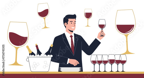 Sommelier Inspecting Wine, Bar Scene with Wine Glasses and Elegant Bottles on Display