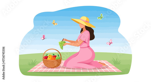 Serene Day Picnic: Woman Embracing Nature with Basket, Grapes, And Butterflies