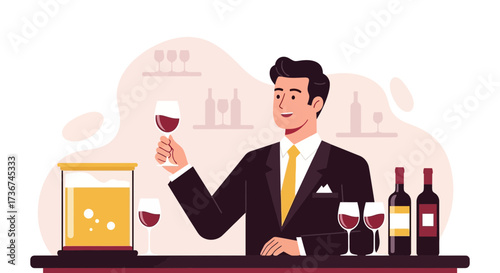 Sommelier Presenting Red Wine With Bottles And Glasses In A Sophisticated Setting