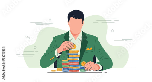 Man Stacking Coins, Representing Finance, Investment, And Economic Growth Illustration