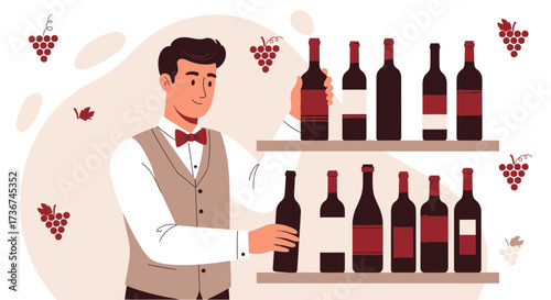 Sommelier with Wine Bottles Offering Fine Wines on Decorative Shelves in a Cellar