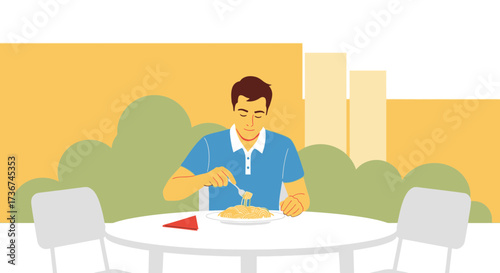 Serene Moment: An Individual Relishes Pasta Outdoors on a Summer Day