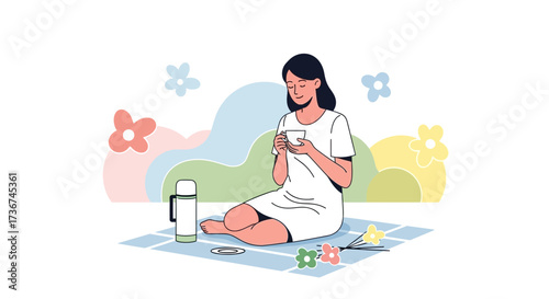 Serene Moment: Relaxing Woman Enjoying Coffee Outdoors On a Peaceful Day With Flowers