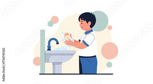 Son Washing His Hands For Hygiene And Health, Prevention From Germs, Health And Safety