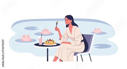 Serene Moments: A Woman Enjoying a Dessert Buffet Beside a Lily Pad Pond