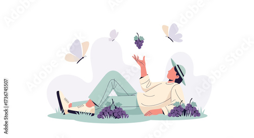 Serene Scene: Woman Reclining, Surrounded by Butterflies and Grapes in Tranquil Setting