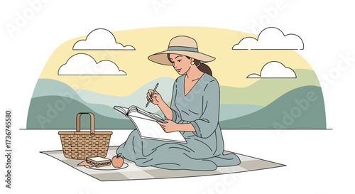 Serene Woman Jotting Notes Outdoors, A Relaxing Picnic In The Field, Artistic Sketch