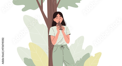 Serene Woman In Nature, Holding a Chocolate Treat, Enjoying a Peaceful Moment