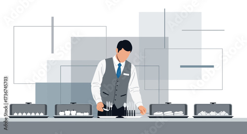 Server Preparing And Arranging Food, Cutlery And Plates In A Minimalist Restaurant Scene