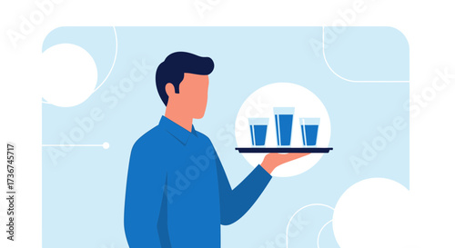 Server Presenting Glasses On Tray, Simple Design Depicting Hospitality And Service