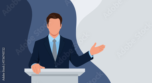 Speaker Makes Presentation in Modern Style Delivering Information at Podium, with Hand Gesture